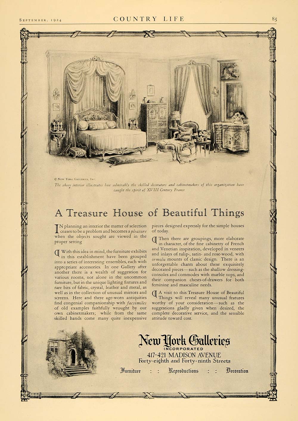 1924 Ad New York Galleries XVIII Century France Decor - ORIGINAL ADVERTISING CL6