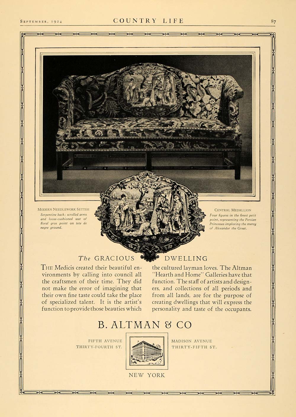 1924 Ad Altman Needlework Settee Serpentine Seat Medici - ORIGINAL CL6