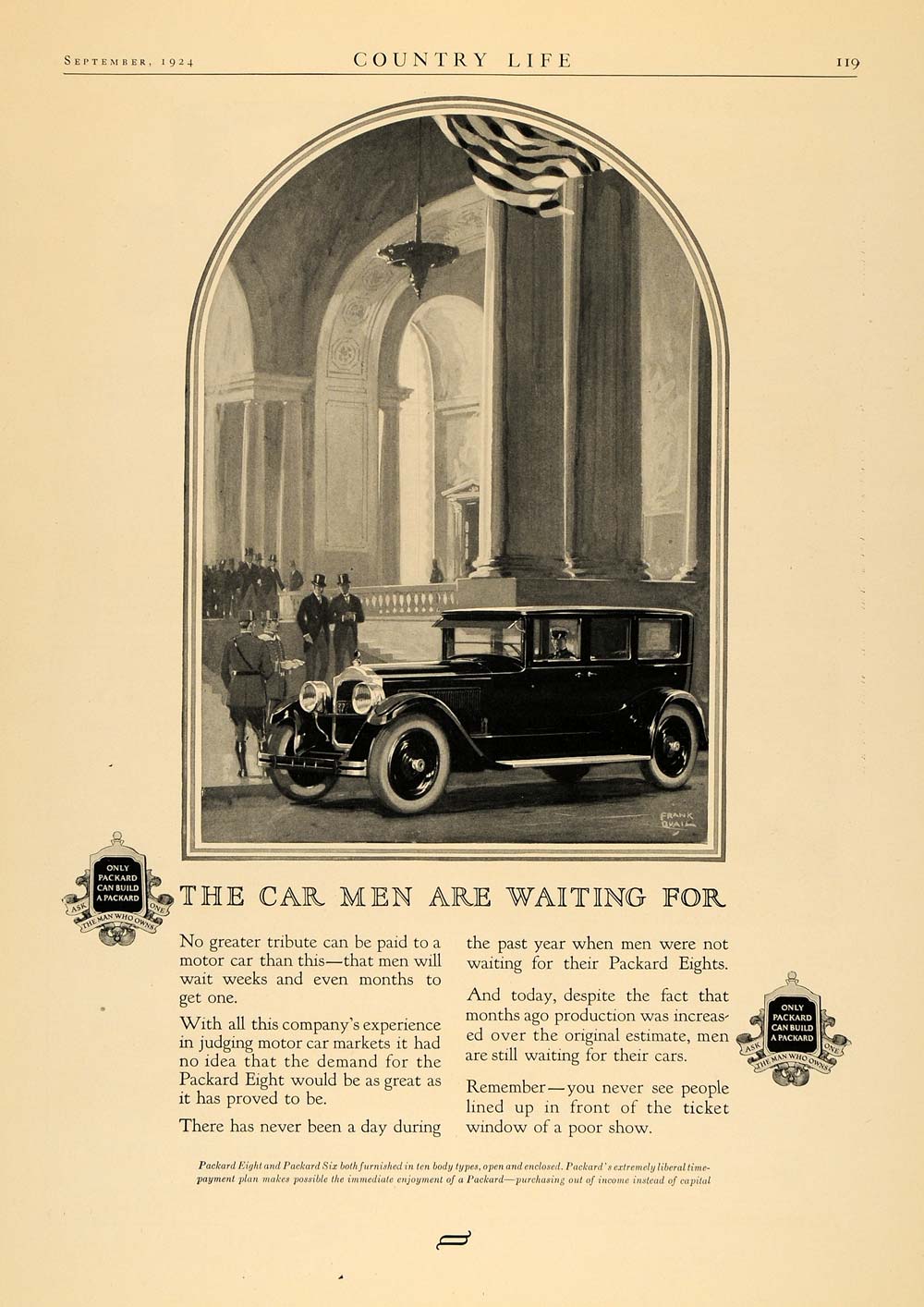 1924 Ad Packard Eight Six Automobile Car Frank Quail - ORIGINAL ADVERTISING CL6