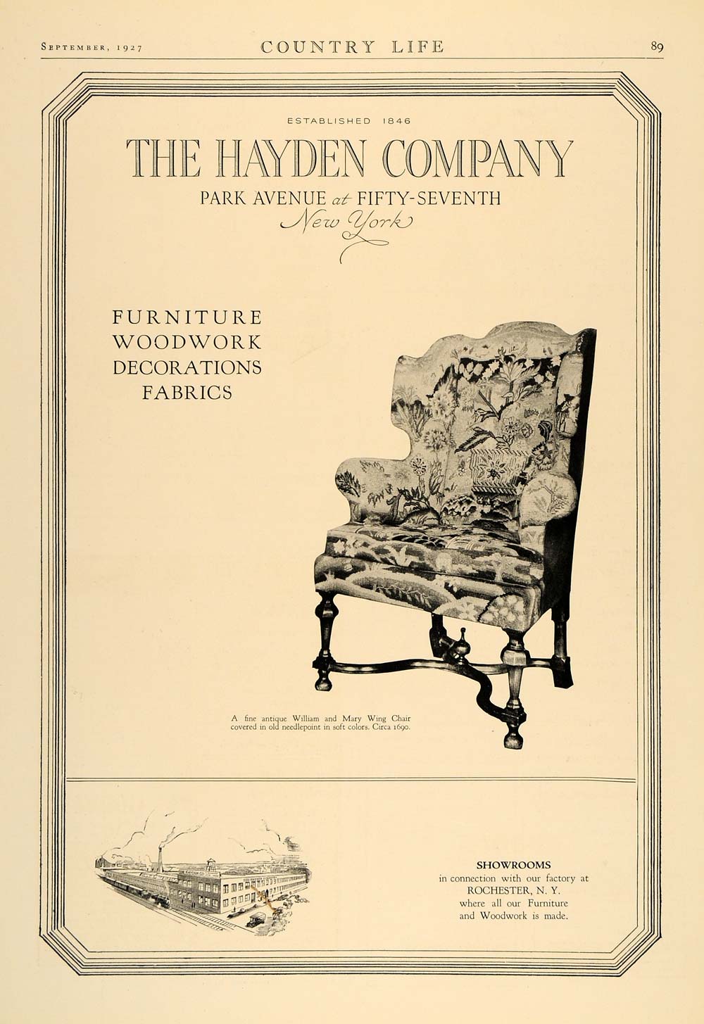1927 Ad Hayden William Mary Wing Chair Furniture Fabric - ORIGINAL CL6
