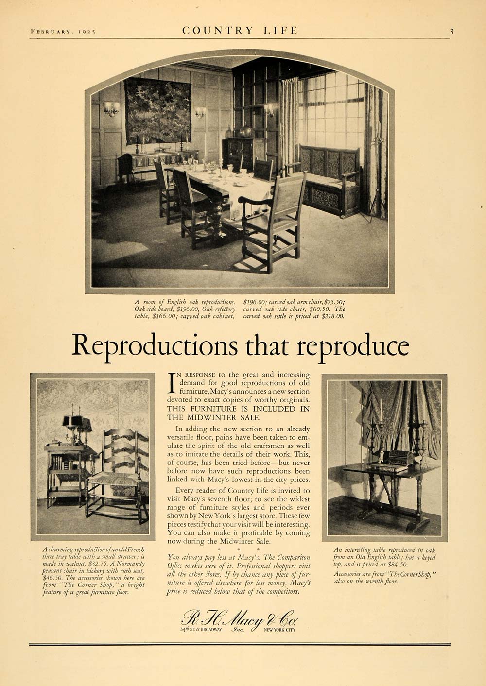 1925 Ad Macy Macy's Furniture Old English Table ORIGINAL ADVERTISING  CL6