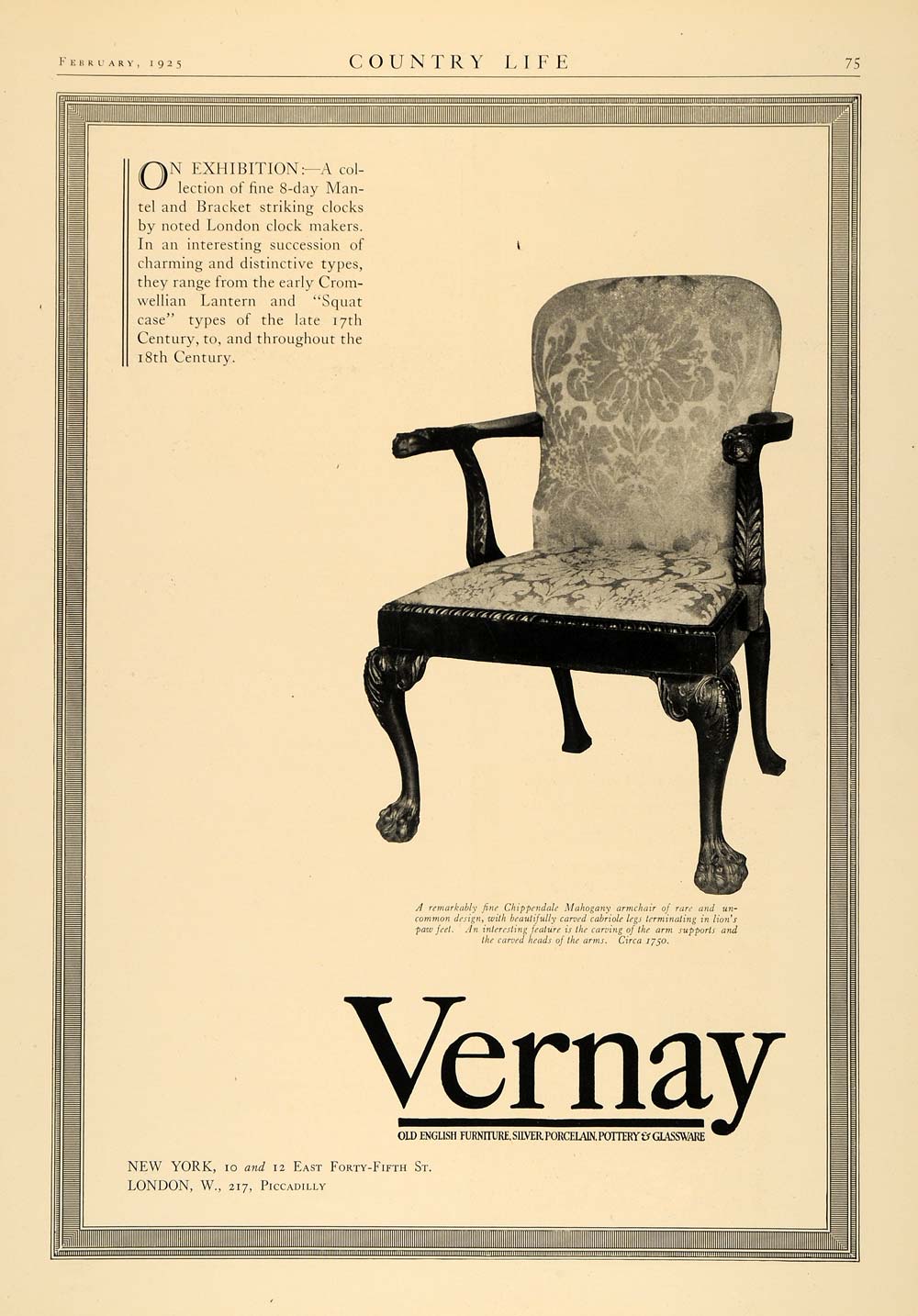 1925 Ad Vernay Old English Furniture Chippendale Chair - ORIGINAL
