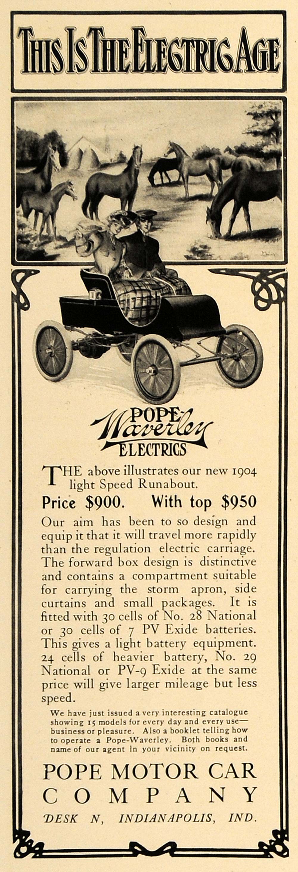 1905 Ad Pope Motor Car Waverley Electric Speed Runabout - ORIGINAL CL7