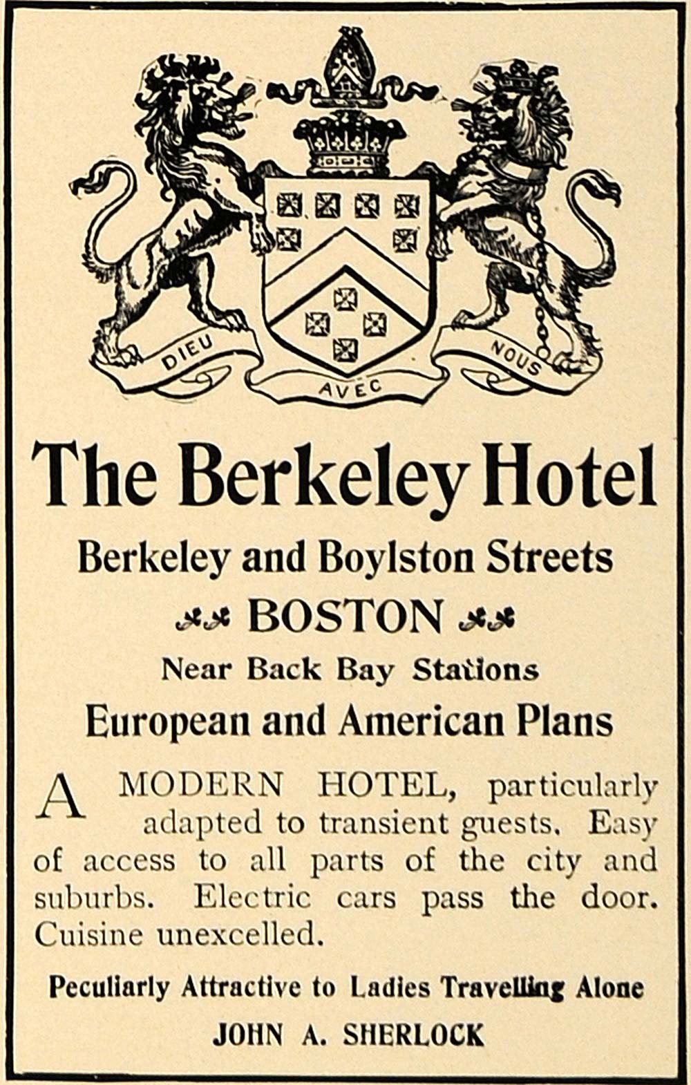 1905 Ad Berkeley Hotel Boylston Street Boston Sherlock - ORIGINAL CL7