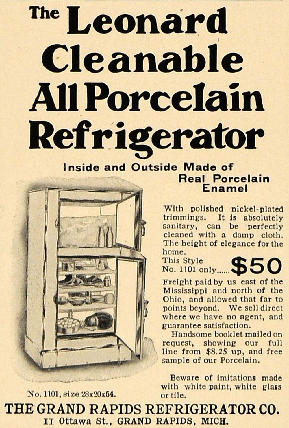 1905 Ad Leonard Porcelain Refrigerator Grand Rapids - ORIGINAL ADVERTISING CL7