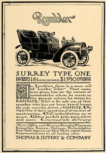 1905 Ad Rambler Surrey Type One Thomas B Jeffery Car - ORIGINAL ADVERTISING CL7