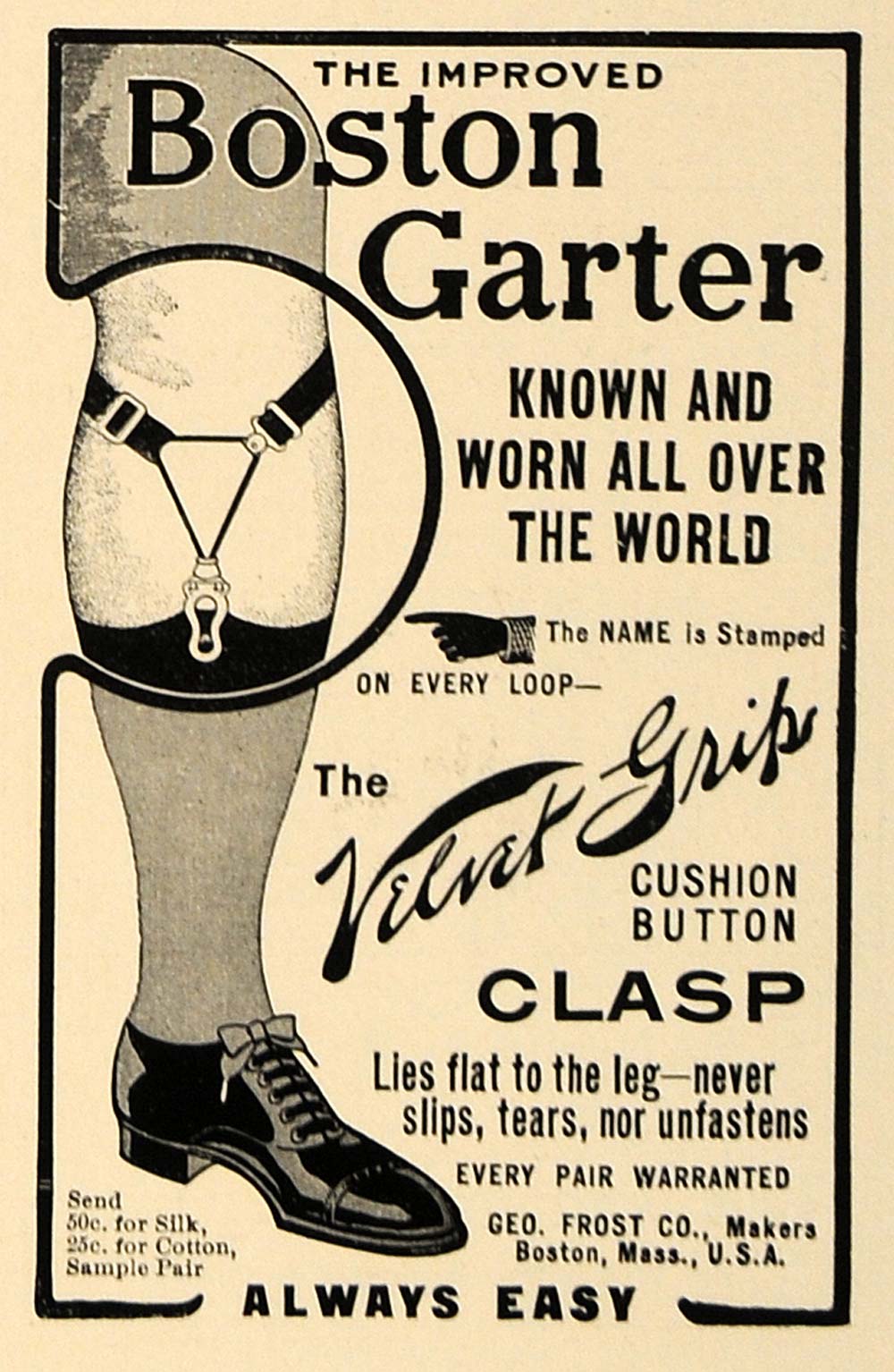 1905 Ad Boston Garter Velvet Grip Geo Frost Company - ORIGINAL ADVERTISING CL7