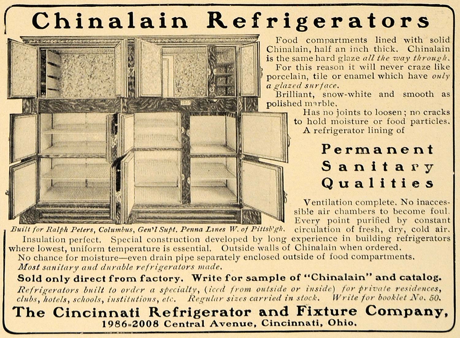 1905 Ad Chinalain Cincinnati Refrigerator Fixture Co. - ORIGINAL ADVERTISING CL7