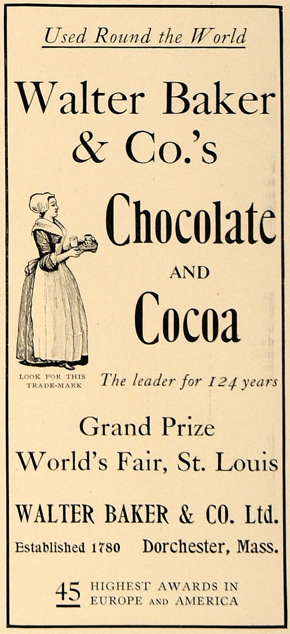 1905 Ad Walter Baker Chocolate Grand Prize Worlds Fair - ORIGINAL CL7