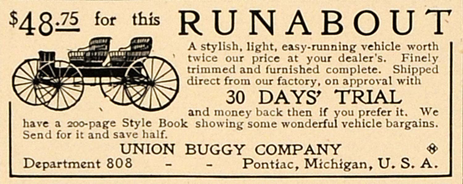1905 Ad Runabout Union Buggy Company Horseless Carriage - ORIGINAL CL7