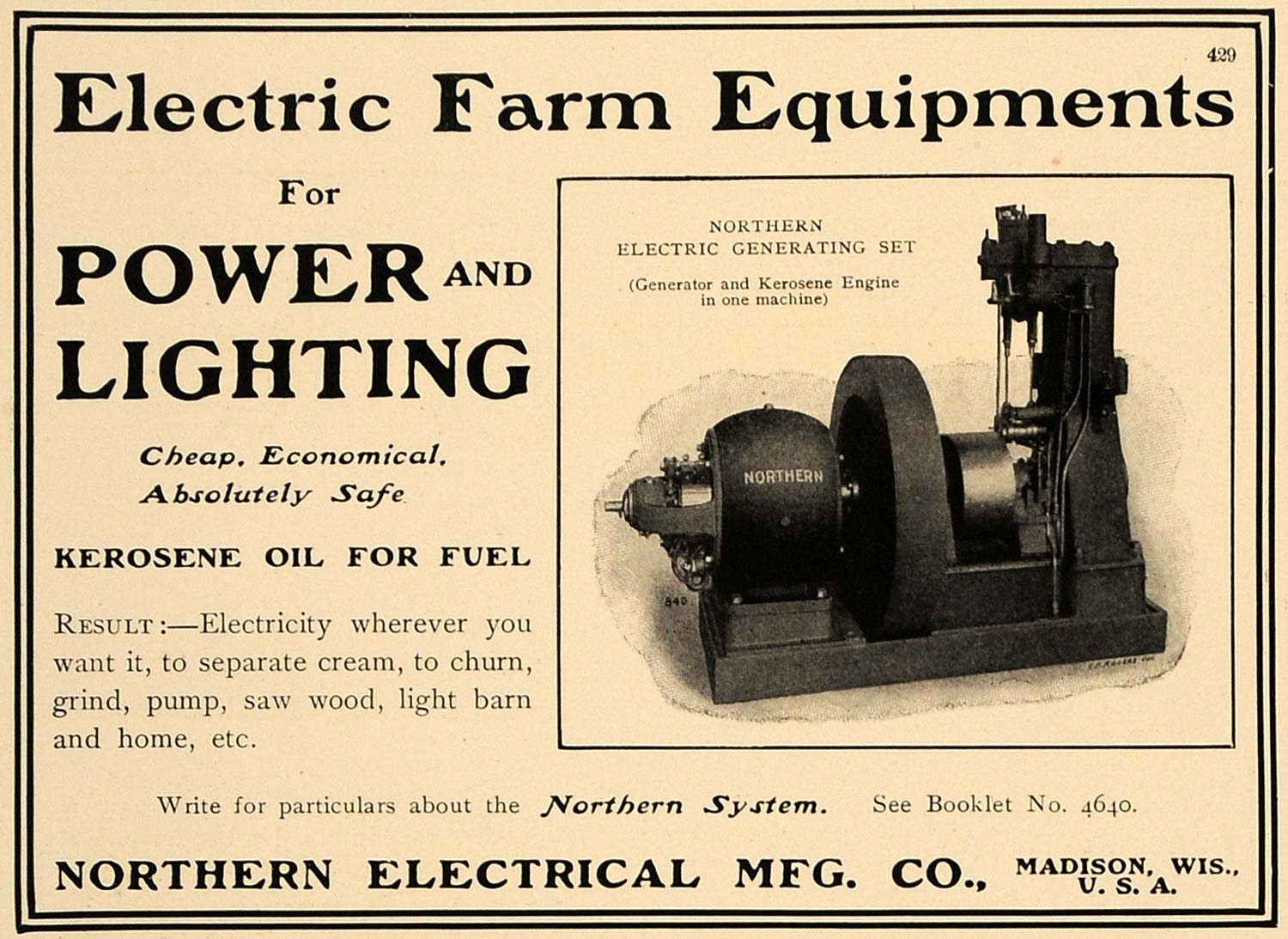 1905 Ad Electric Farm Equipment Kerosene Oil Madison - ORIGINAL ADVERTISING CL7