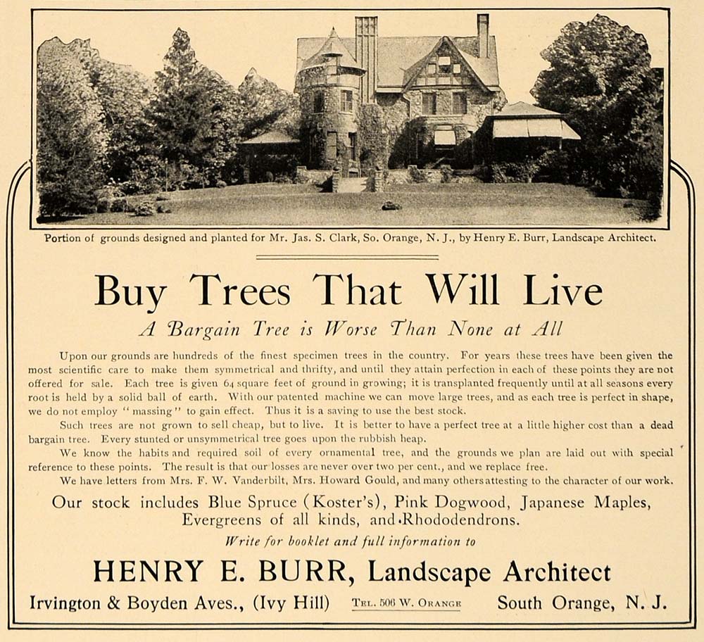 1905 Ad Henry E. Burr Landscape Architect Jas. S. Clark - ORIGINAL CL7