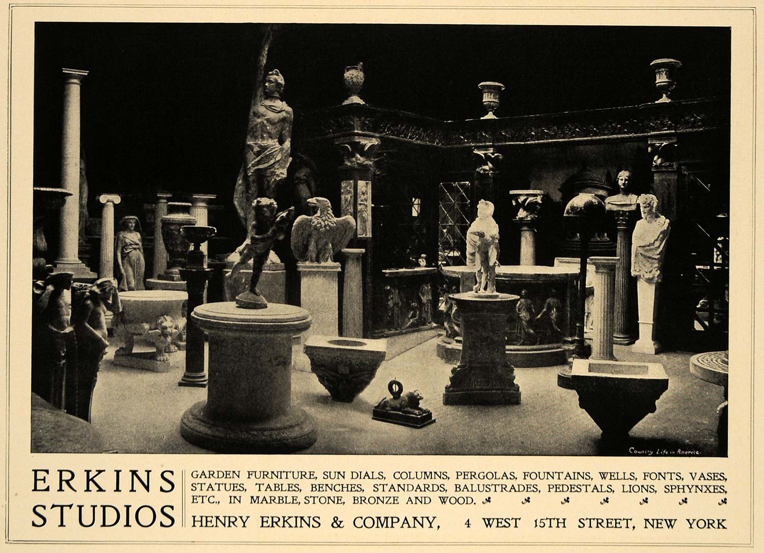 1905 Ad Henry Erkins Studios Garden Statues Columns Etc - ORIGINAL CL7