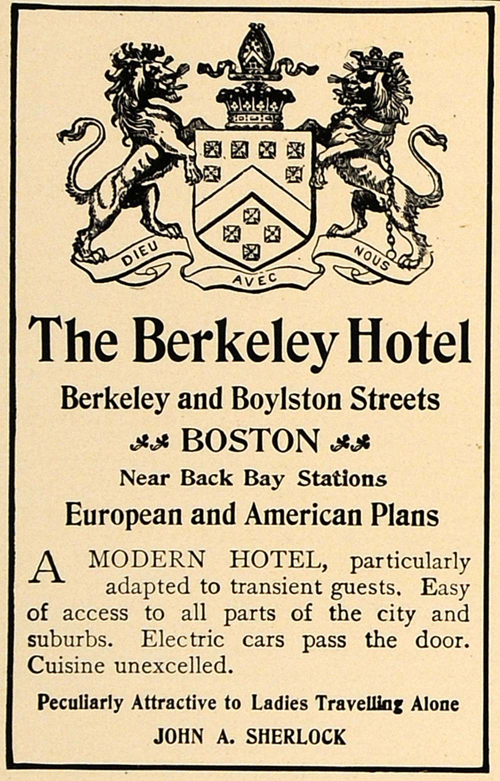 1905 Ad Berkeley Hotel Boston Boylston John A. Sherlock - ORIGINAL CL7