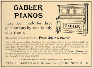 1905 Ad Ernest Gabler Pianos 109 E. 107th St. New York - ORIGINAL CL7