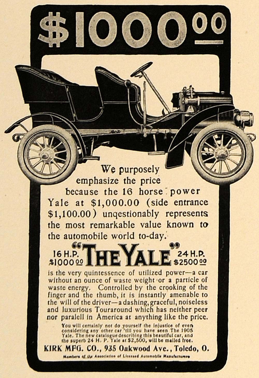 1905 Ad Krik Antique Yale Touraround Car Pricing Toledo - ORIGINAL CL7