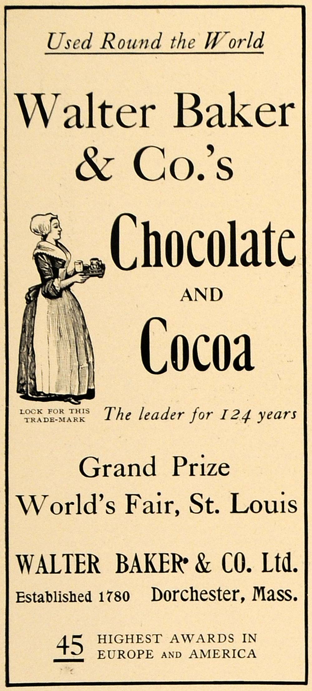 1905 Ad Walter Baker Chocolate Cocoa Woman Maid - ORIGINAL ADVERTISING CL7