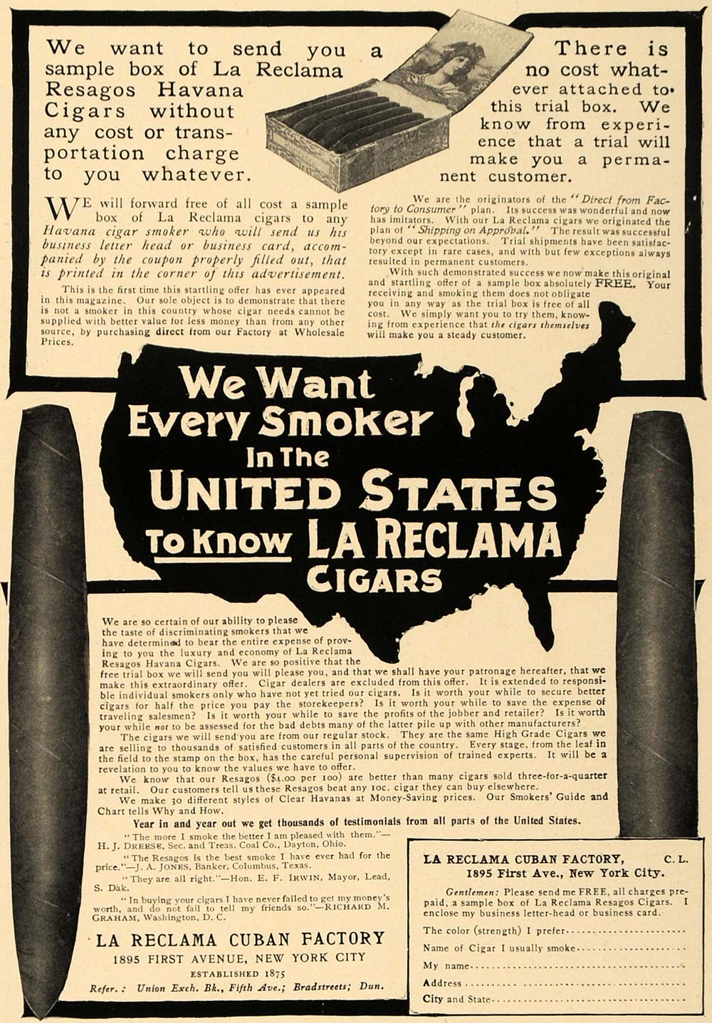 1905 Ad La Reclama Resagos Havana Cigars Cuban New York - ORIGINAL CL7