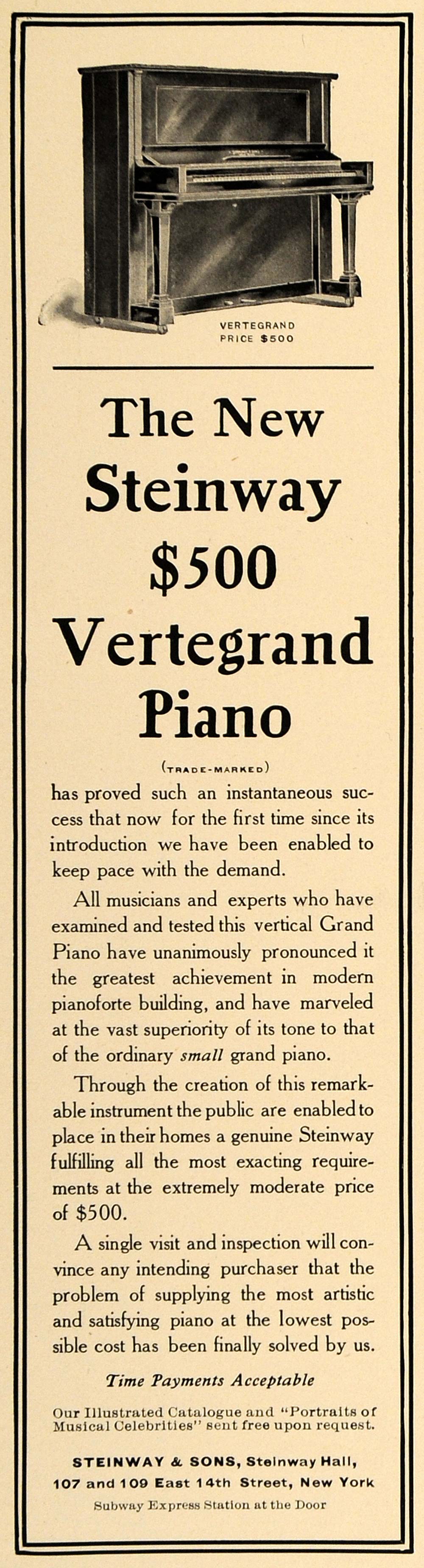 1905 Ad Steinway Sons Vertegrand Piano Pricing New York - ORIGINAL CL7