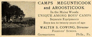 1909 Ad Megunticook Aroosticook Boys Camp Walter Cowing - ORIGINAL CL7