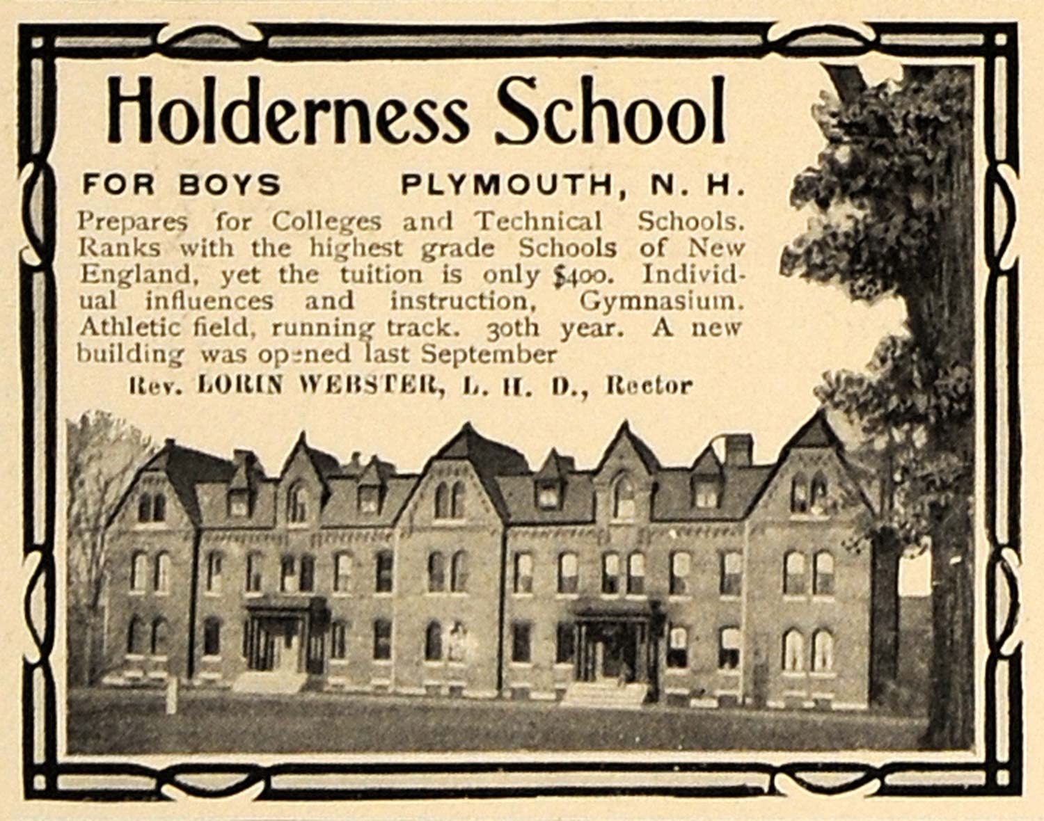 1909 Ad Holderness School Lorin Webster Gordon Research - ORIGINAL CL7