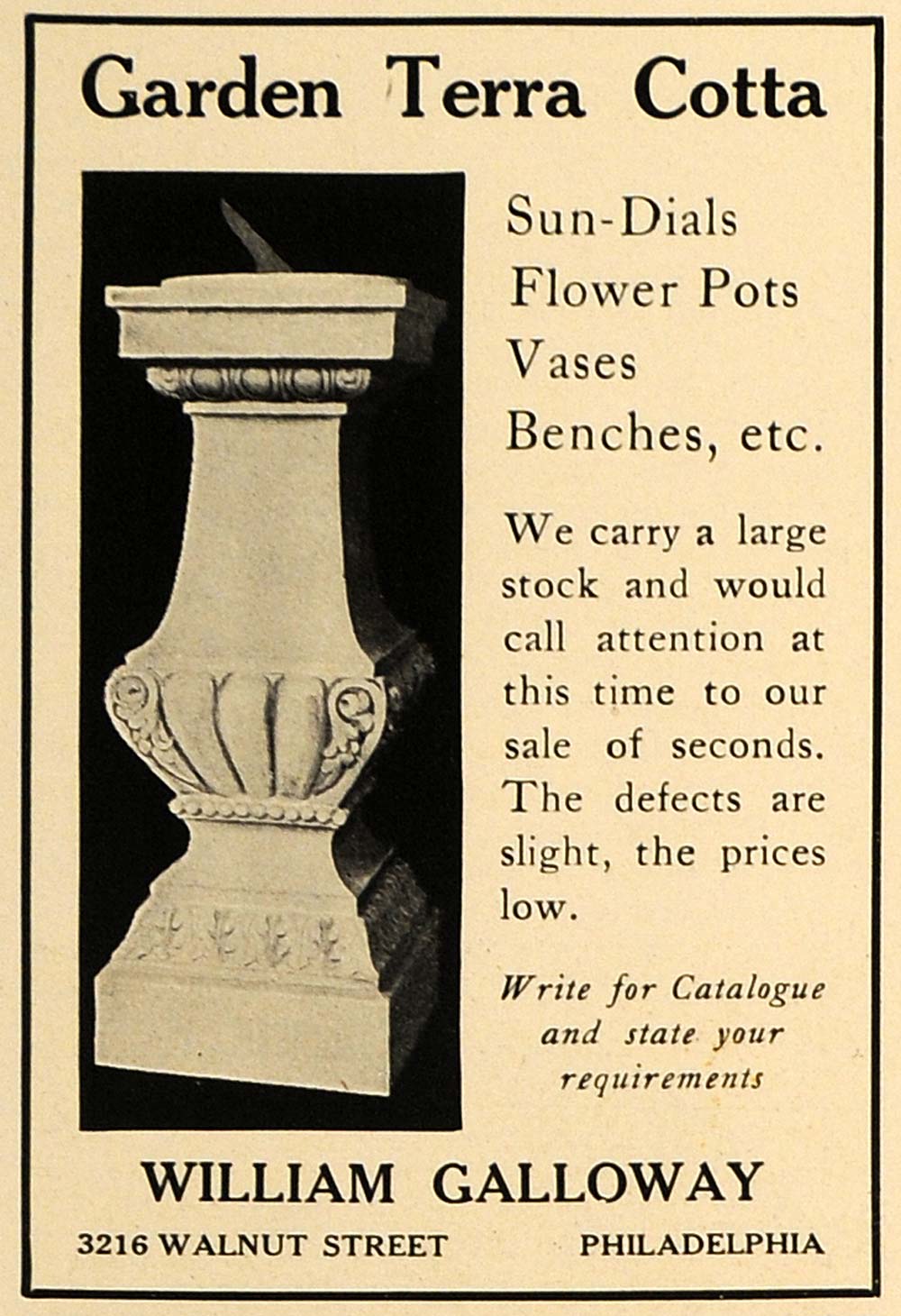 1909 Ad William Galloway Garden Terra Cotta Sundials - ORIGINAL ADVERTISING CL7