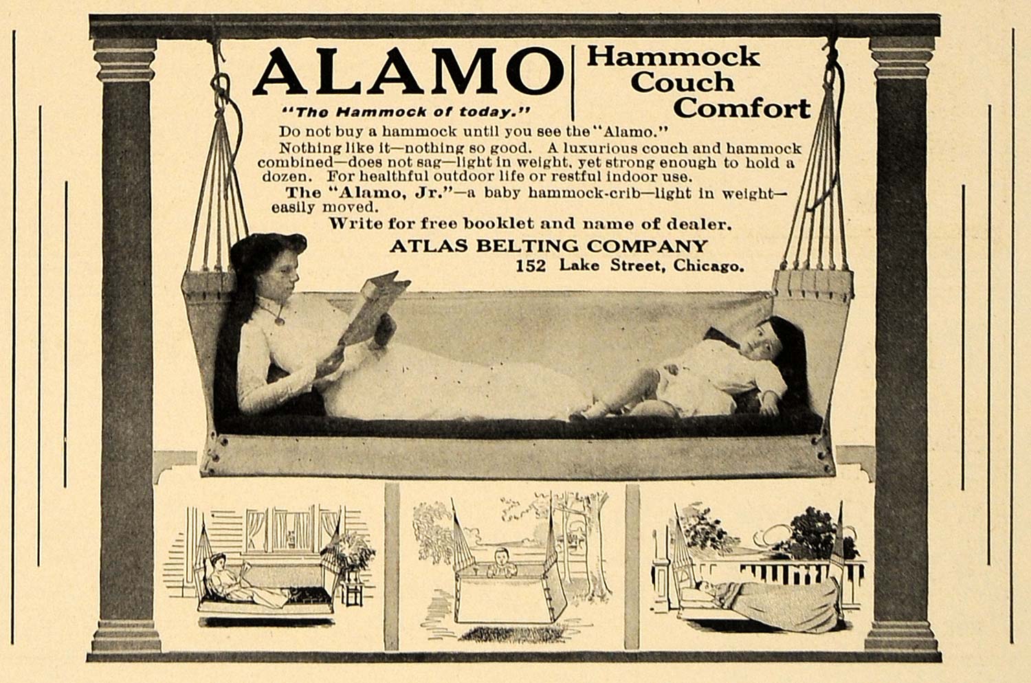 1909 Ad Alamo Hammock Couch Furniture Atlas Belting Co. - ORIGINAL CL7