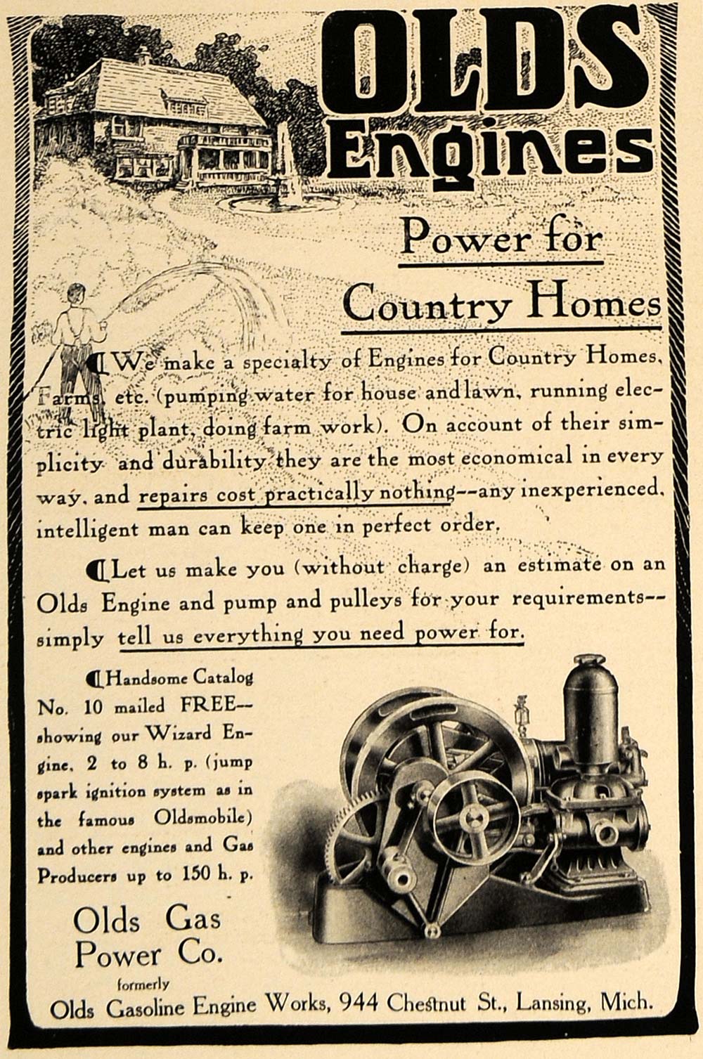 1906 Ad Olds Country Home Engines Gas Power Company - ORIGINAL ADVERTISING CL8