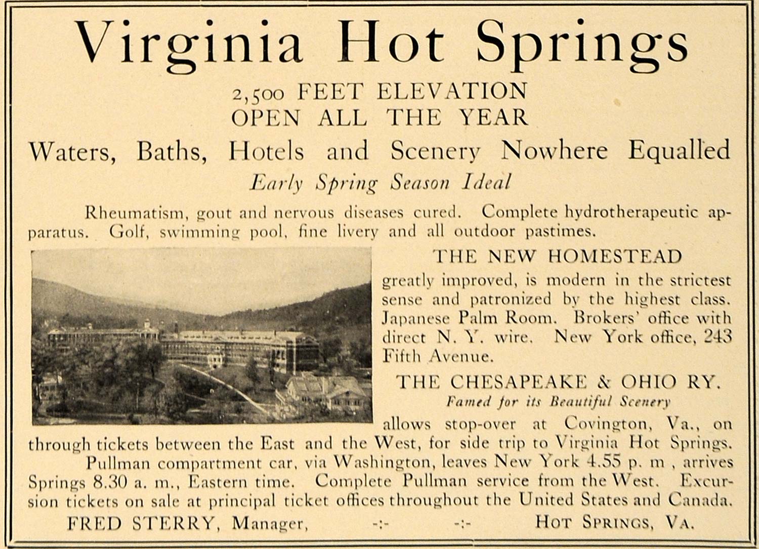 1906 Ad Virginia Hot Springs Baths Homestead Chesapeake - ORIGINAL CL8
