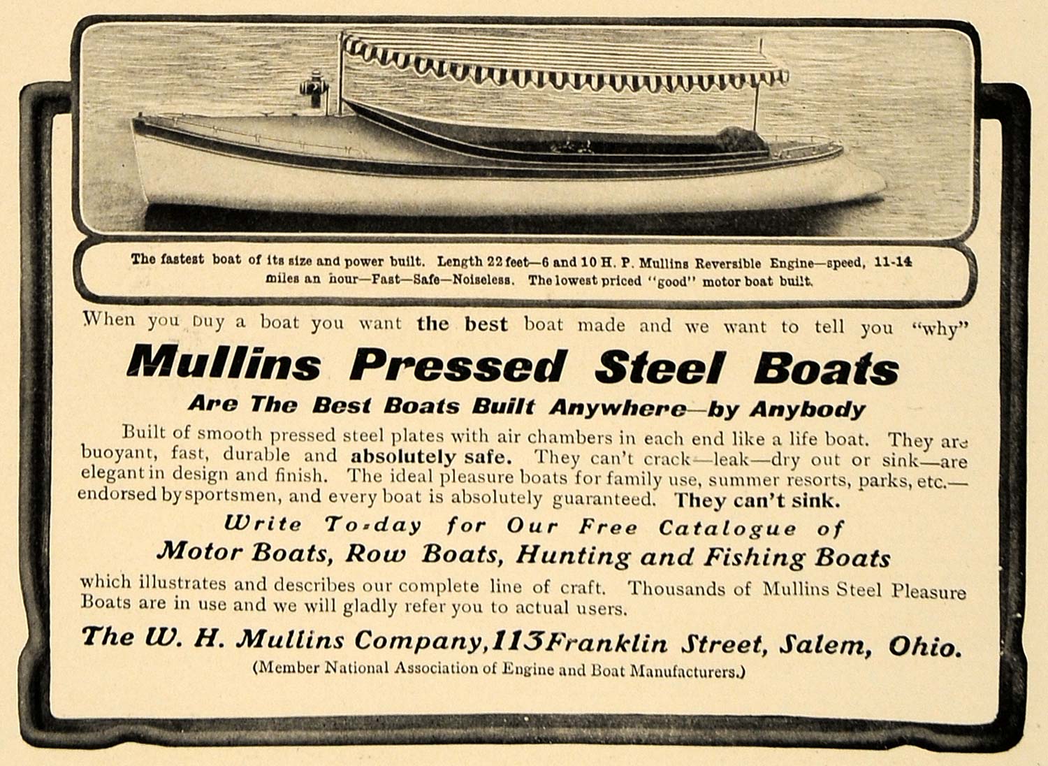 1906 Ad W H Mullins Company Pressed Steel Motor Boats - ORIGINAL ADVERTISING CL8