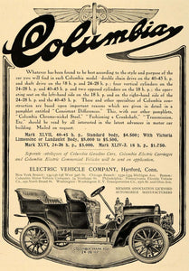 1906 Ad Antique Columbia Electric Vehicle Mark Models - ORIGINAL ADVERTISING CL8
