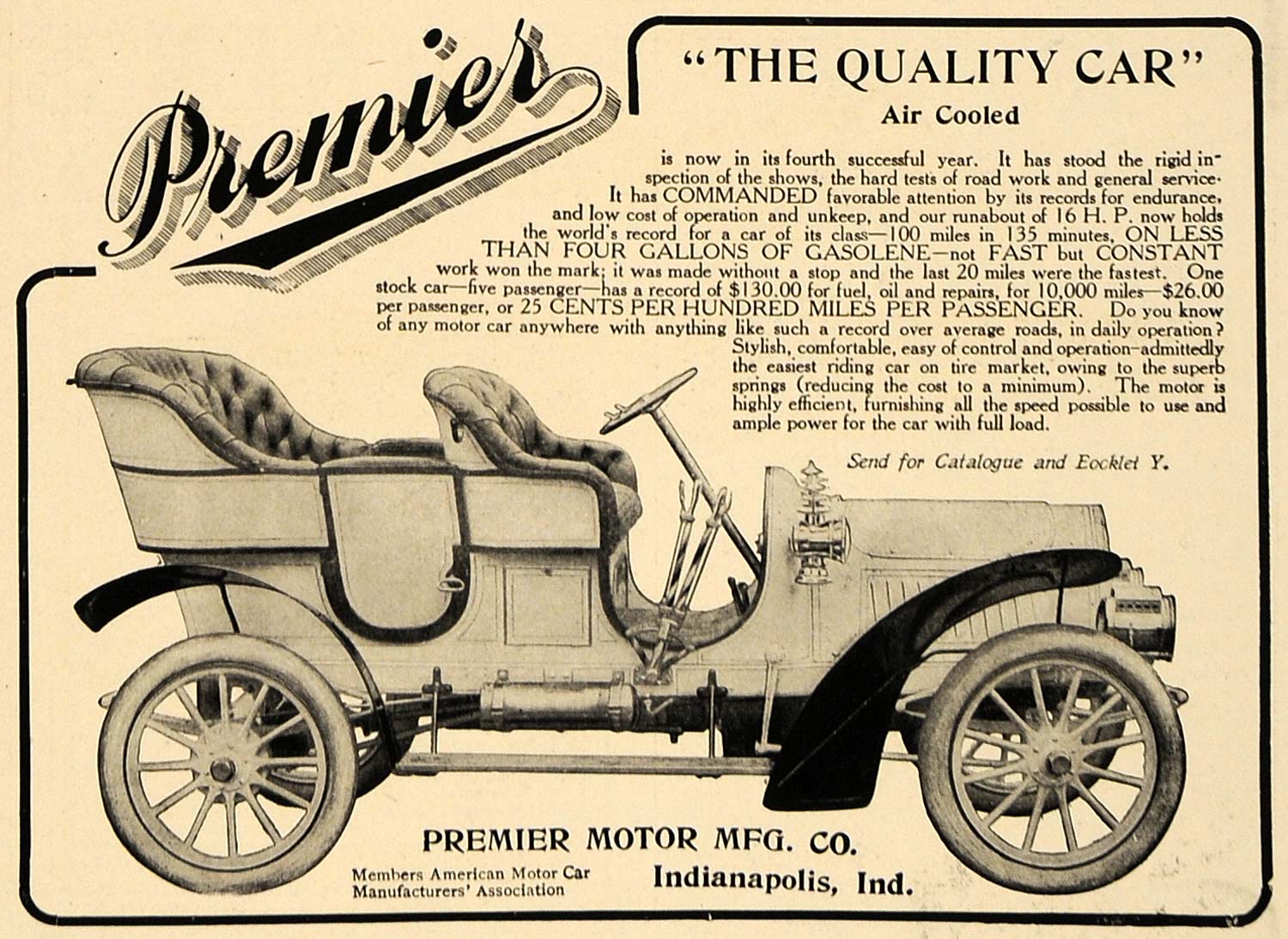 1906 Ad Antique Premier Motor Car Quality Air Cooled - ORIGINAL ADVERTISING CL8