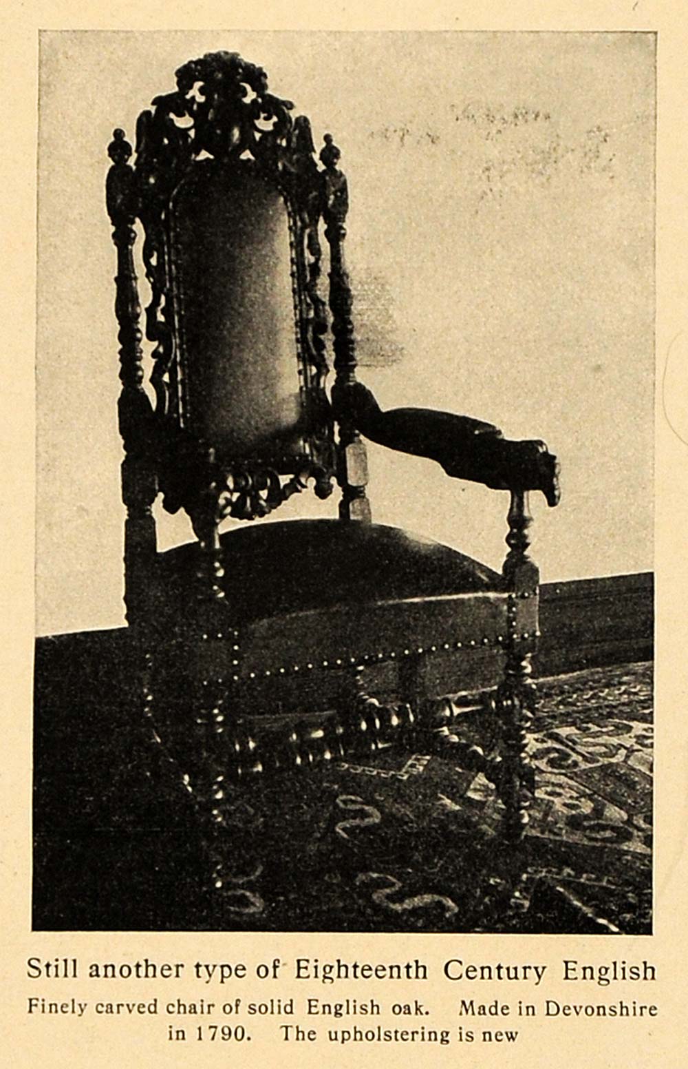 1906 Print 1790 Devonshire 18th Cent. English Oak Chair ORIGINAL HISTORIC CL8