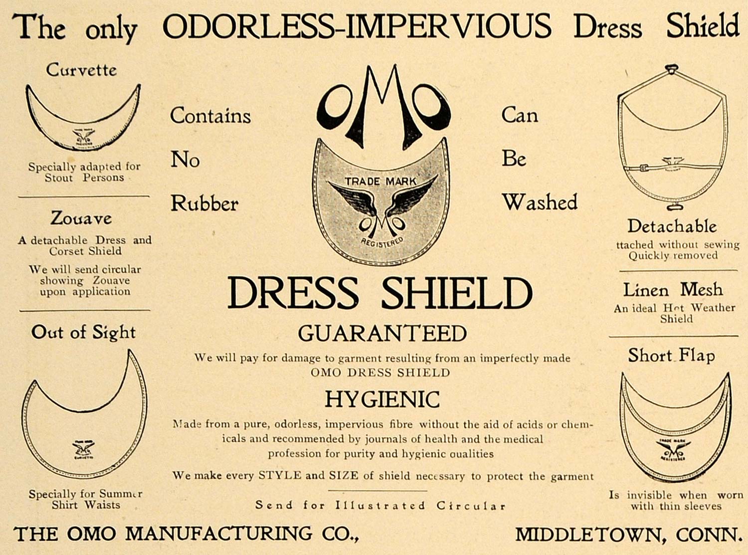 1906 Ad Women's Hygienic Dress Shield Styles Omo Mfg - ORIGINAL ADVERTISING CL8