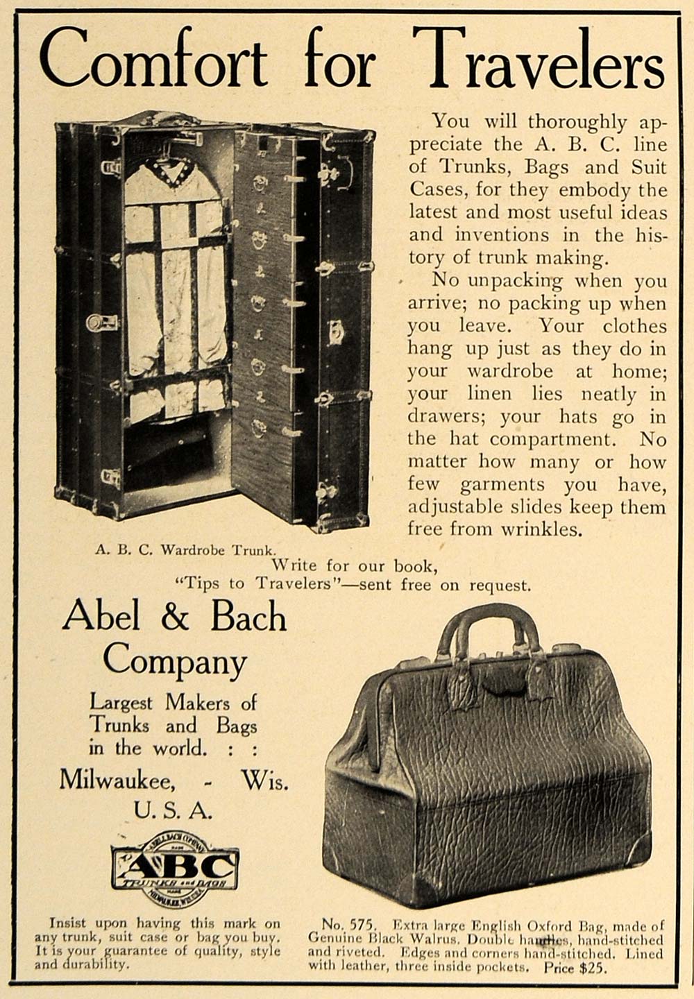 1906 Ad Able Back Travel Bags Wardrobe Trunks Milwaukee - ORIGINAL CL8