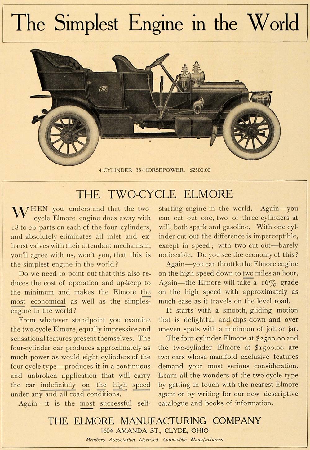 1906 Ad Elmore Antique 2 Cylce Automobile Clyde Ohio - ORIGINAL ADVERTISING CL8