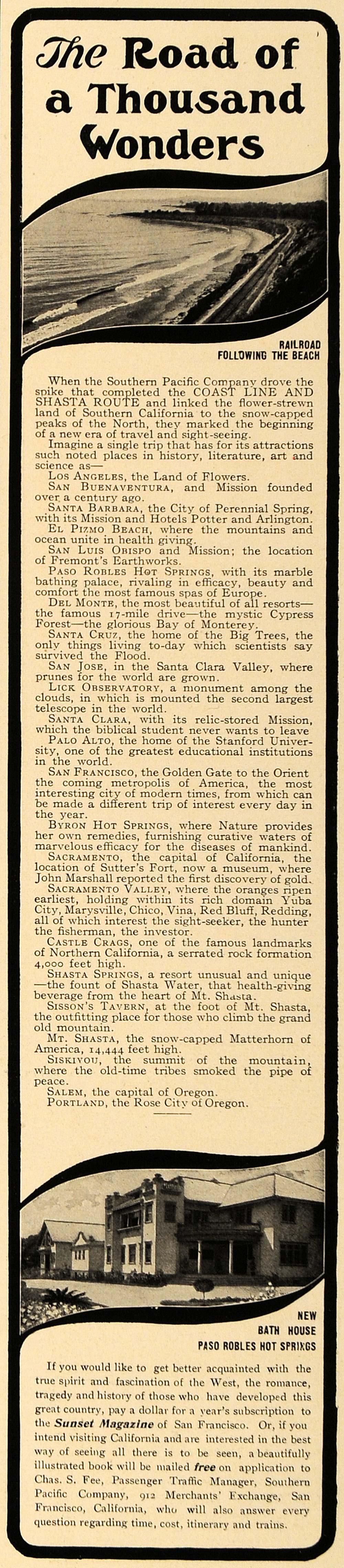 1906 Ad Southern Pacific Railroad Shasta Route Coast - ORIGINAL ADVERTISING CL8