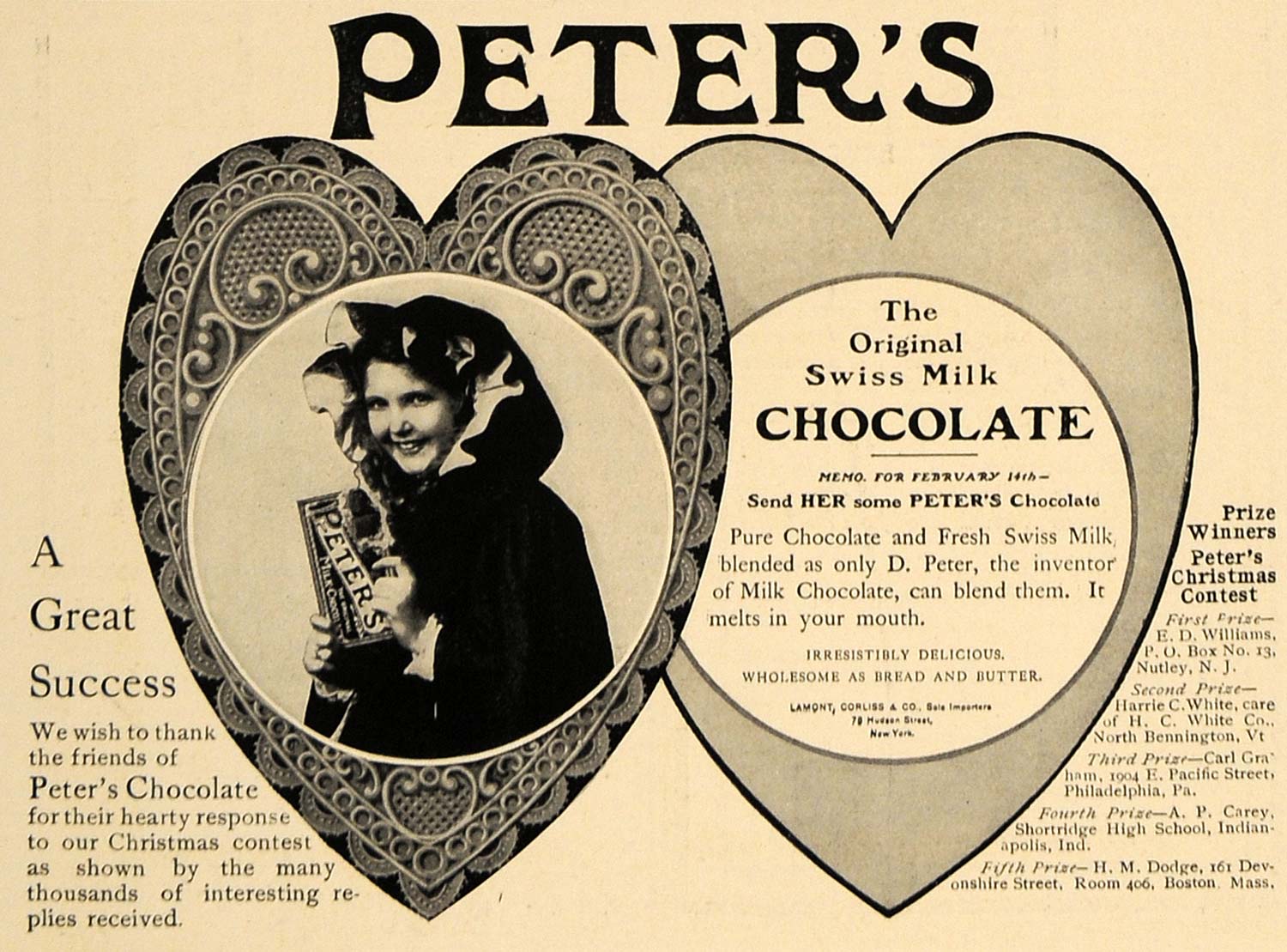 1906 Ad Peter's Swiss Milk Chocolate Lamont Corliss - ORIGINAL ADVERTISING CL8