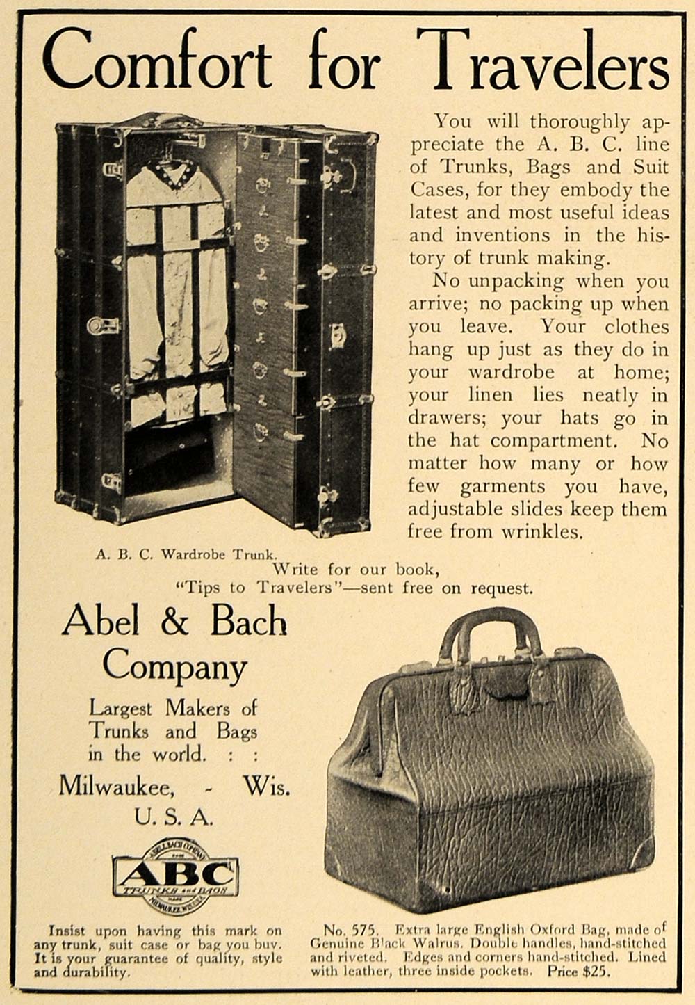 1906 Ad Abel Bach Wardrobe Trunk English Oxford Bag - ORIGINAL ADVERTISING CL8