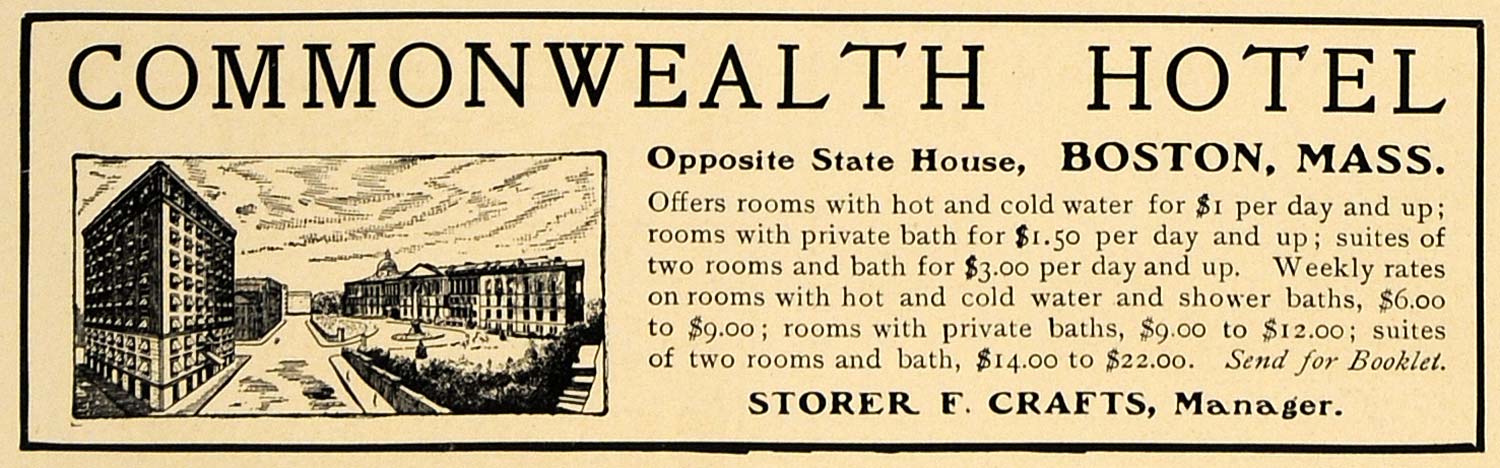 1907 Ad Commonwealth Hotel Storer F. Crafts Boston Mass - ORIGINAL CL8