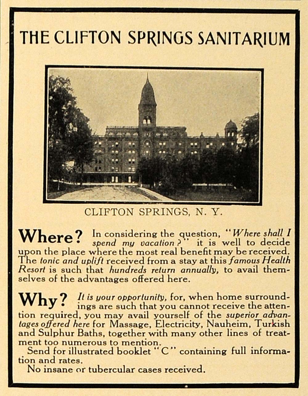 1907 Ad Clifton Springs Sanitarium Health Resort NY - ORIGINAL ADVERTISING CL8