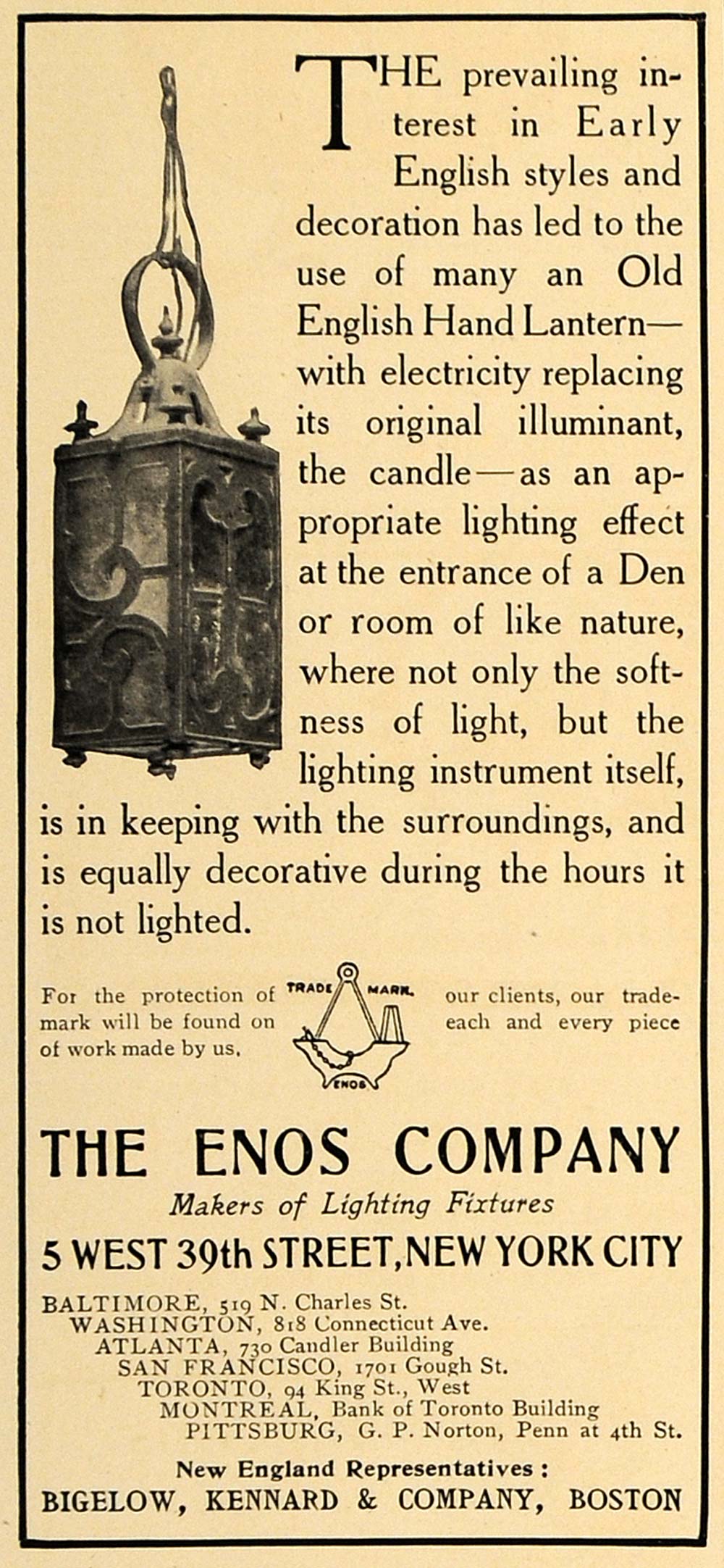 1907 Ad Enos Lighting Fixtures Old English Hand Lantern - ORIGINAL CL8