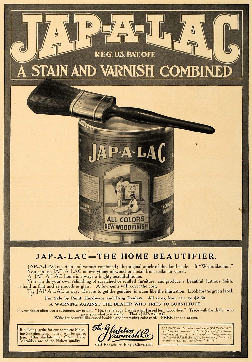 1907 Ad Jap-A-Lac Stain Varnish Combo Can Wood Finish - ORIGINAL ADVERTISING CL8
