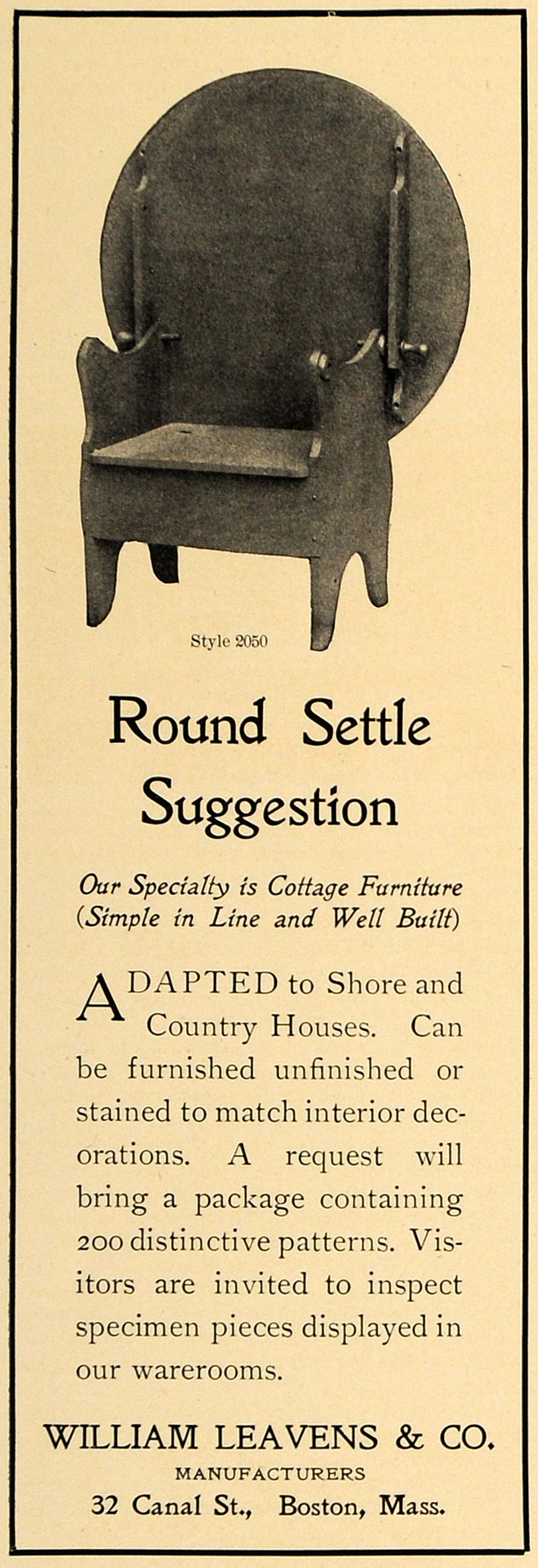 1907 Ad William Leavens Round Settle Chair Style 2050 - ORIGINAL ADVERTISING CL8