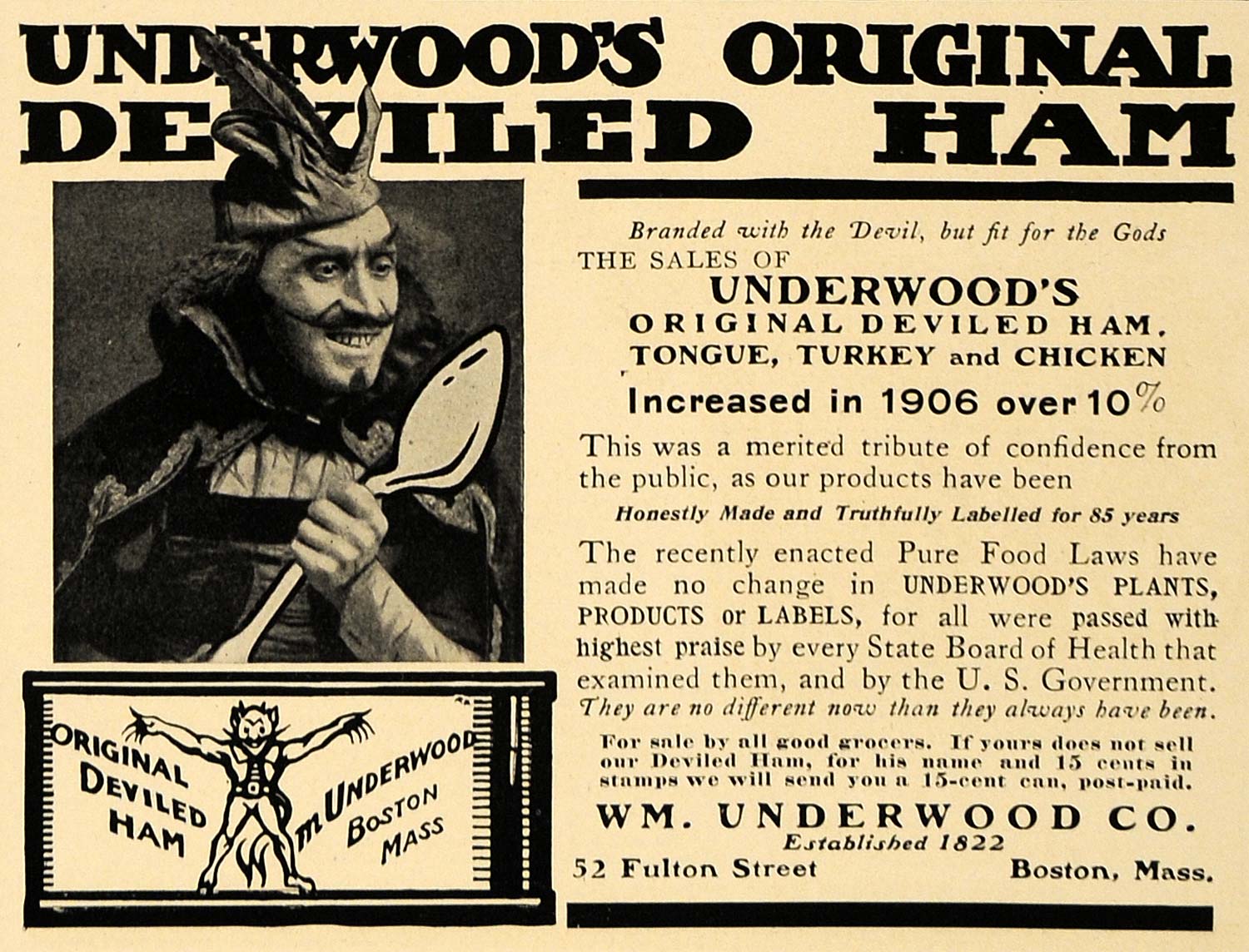 1907 Ad Wm Underwood Deviled Ham Tongue Turkey Chicken - ORIGINAL CL8