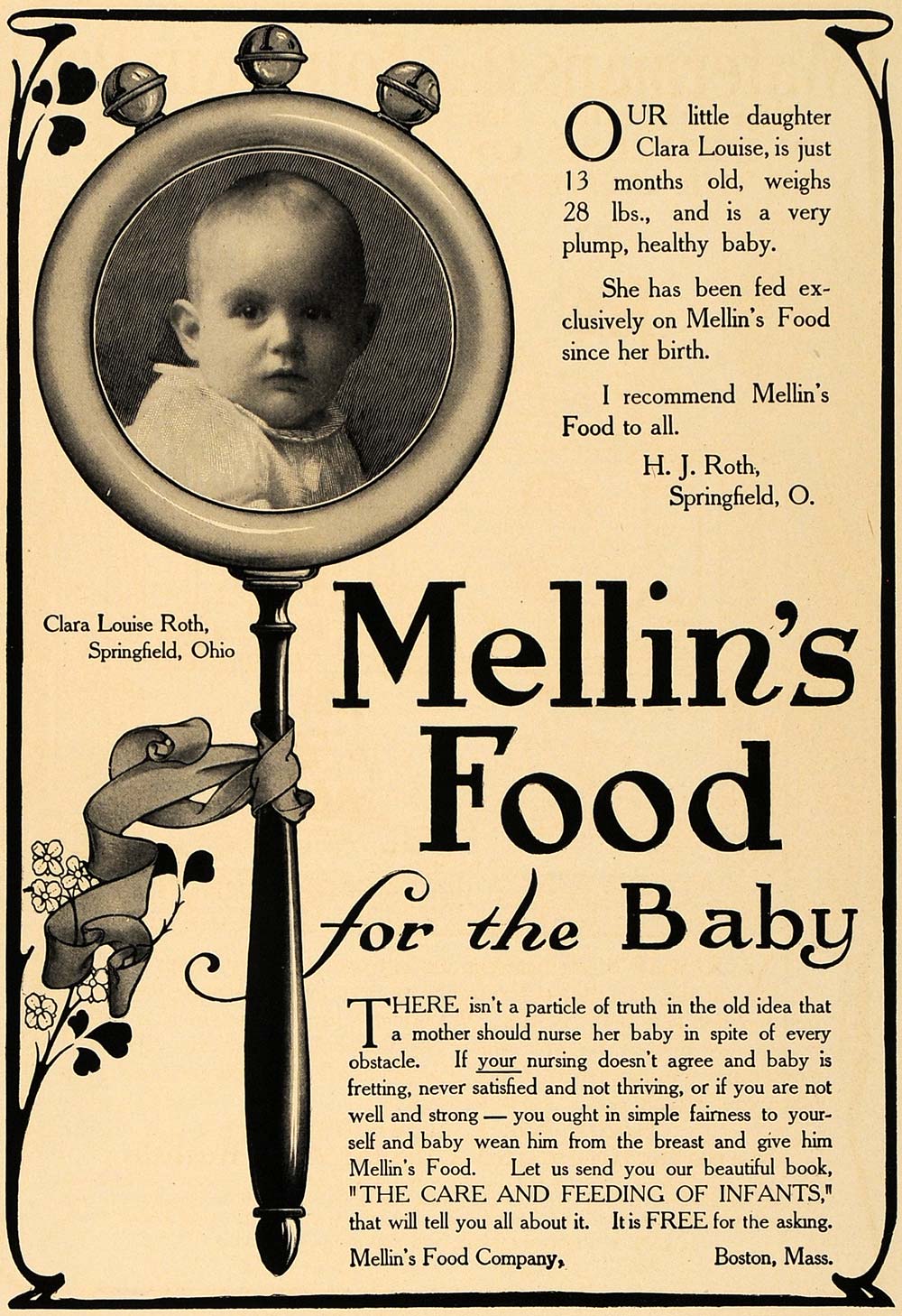 1907 Ad Mellin's Baby Food H.J. Roth Clara Louise Baby - ORIGINAL CL8