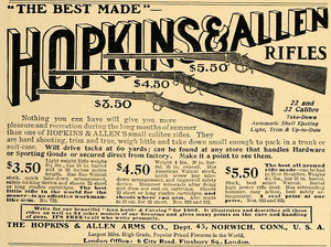 1907 Ad Hopkins Allen Rifles Models Pricing Norwich Con - ORIGINAL CL8