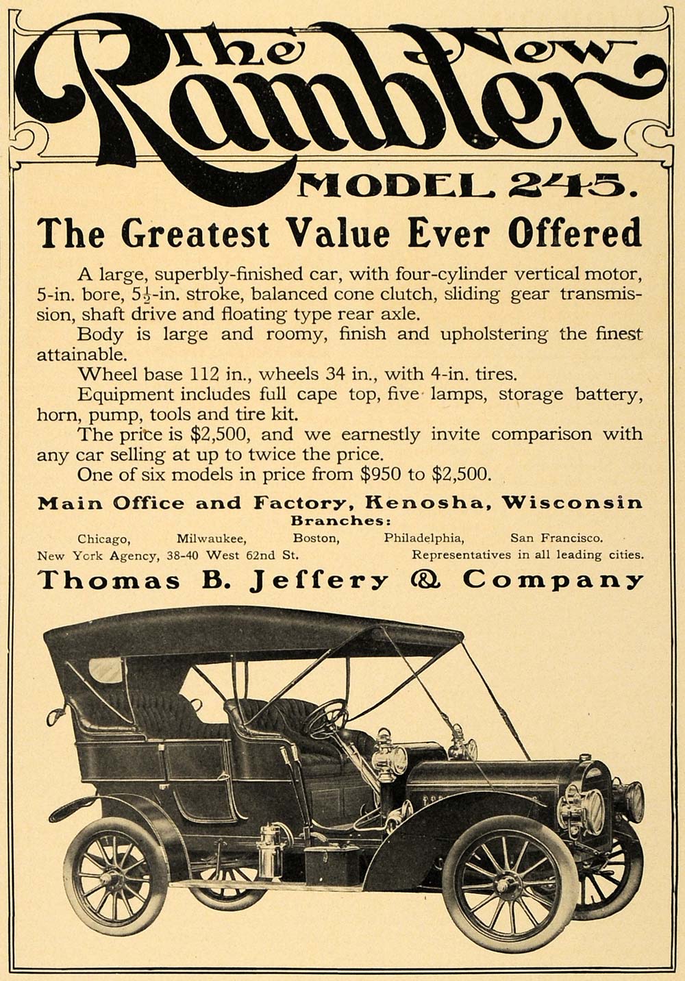 1907 Ad Antique Rambler Model 245 Thomas B. Jeffery - ORIGINAL ADVERTISING CL8