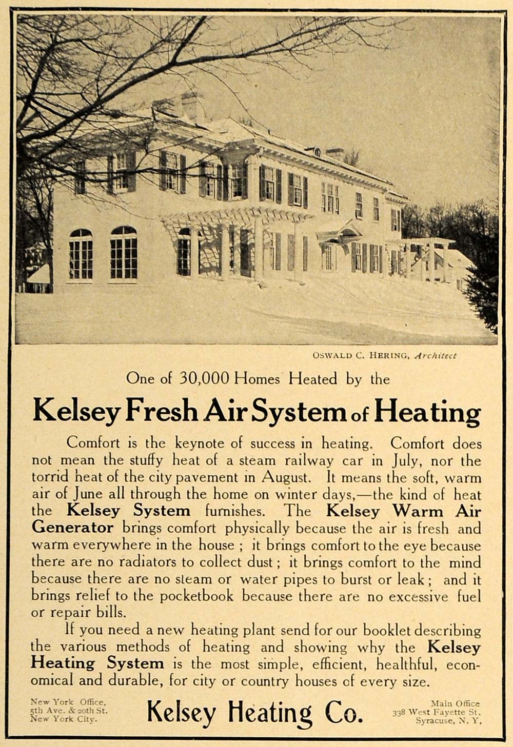 1907 Ad Kelsey Fresh Air Heating System Oswald C Hering - ORIGINAL CL8