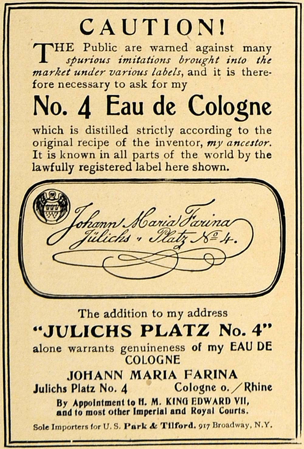 1907 Ad Johann Maria Farina Julichs Plats No.4 Cologne - ORIGINAL CL8 - Period Paper
